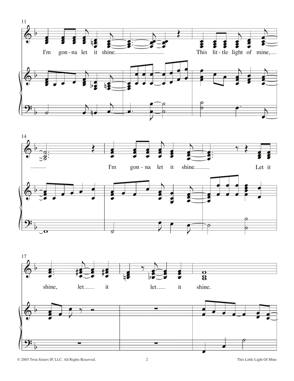 Bars 11-19 of the vocal score: 'I'm gonna let it shine' and the 'let it shine' tag, then the piano begins an interlude