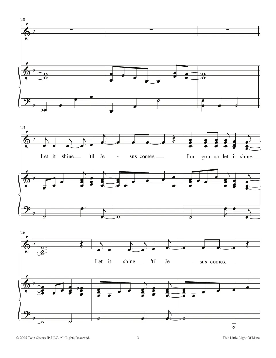 Piano interlude in bars 20-22, then the vocal returns with 'Let it shine 'til Jesus comes' and 'I'm gonna let it shine'