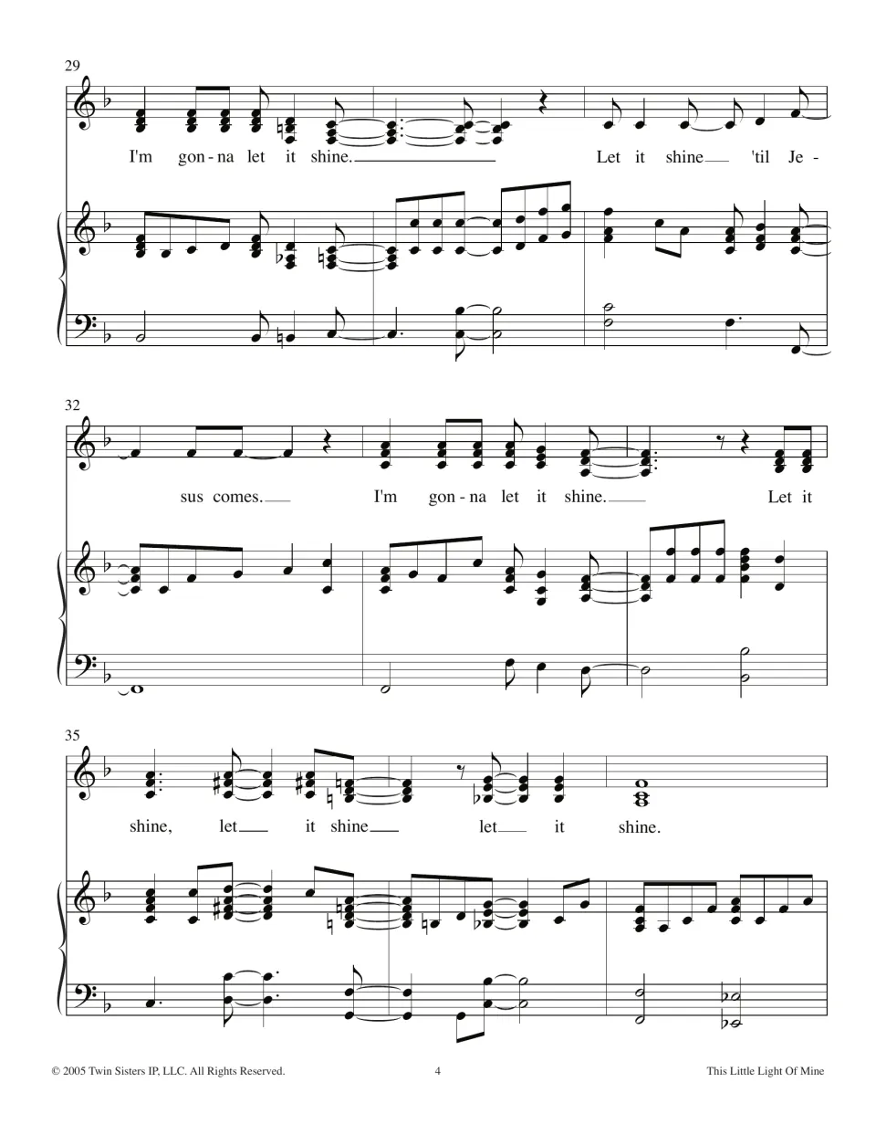 Vocal and piano score, bars 29-37: 'Let it shine 'til Jesus comes' repeats and the verse closes on a held 'let it shine'