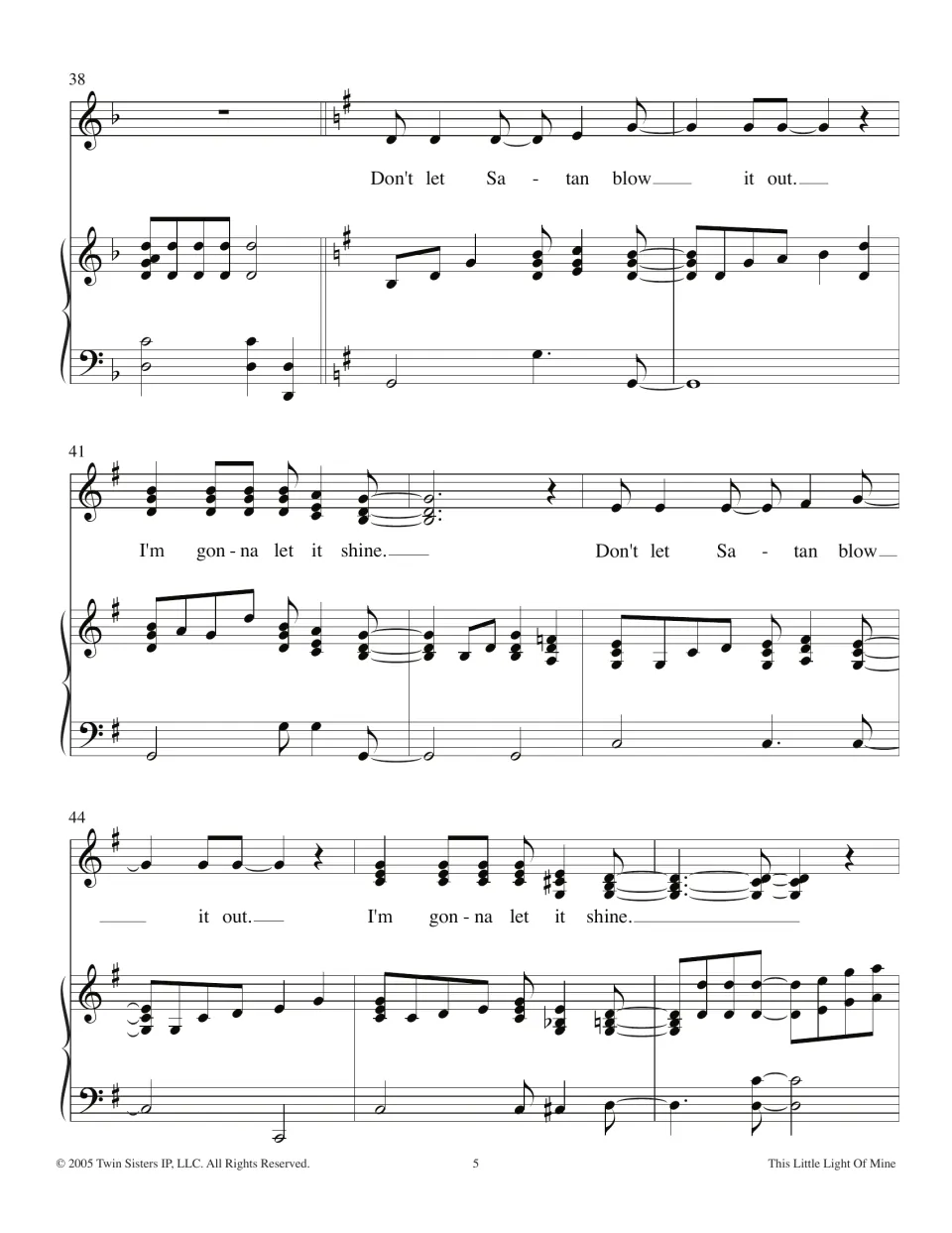 Key change to G major at bar 39: new verse 'Don't let Satan blow it out' alternates with 'I'm gonna let it shine'