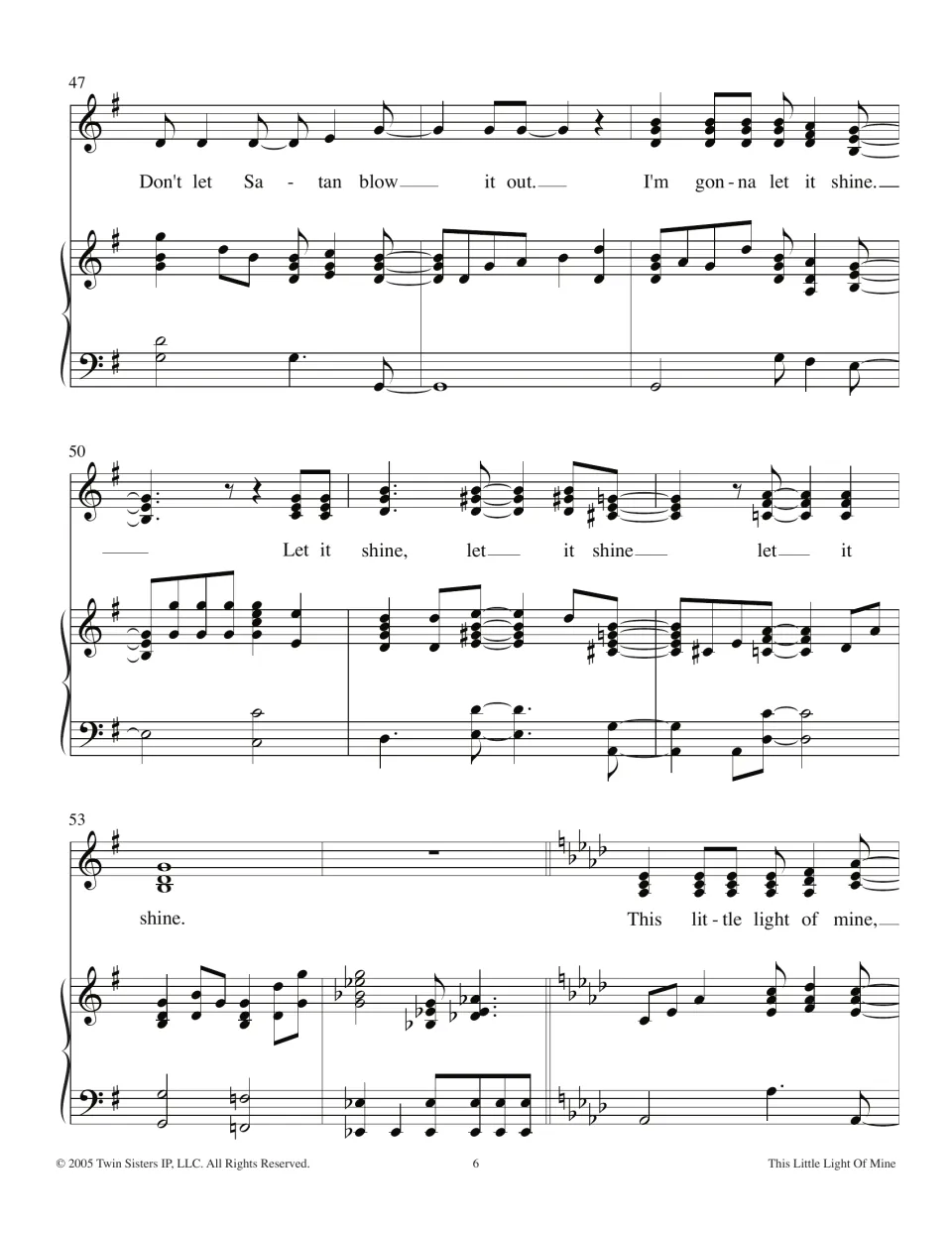 Bars 47-55 in G major finish the 'Don't let Satan blow it out' verse, then the score modulates to A-flat major