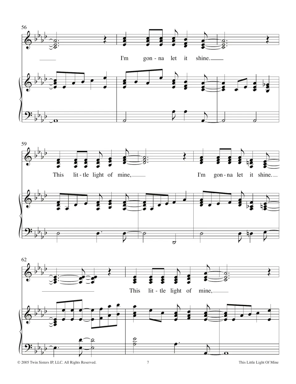 Final verse in A-flat major, bars 56-64: voice alternates the opening line with 'I'm gonna let it shine' over piano