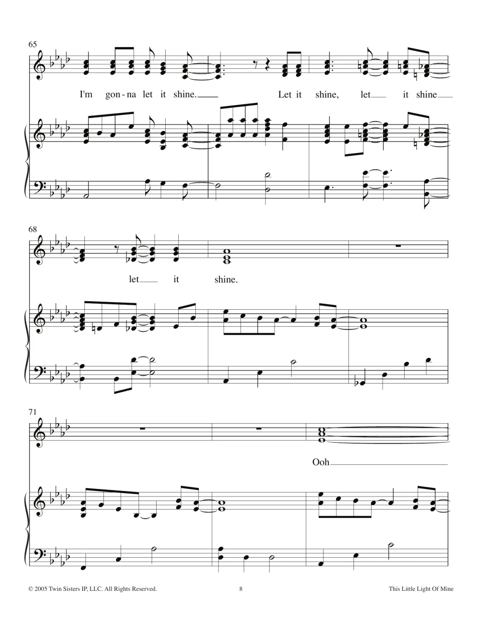 Ending of the song, bars 65-73: last 'let it shine' phrase, piano outro, and a sustained vocal 'Ooh' chord
