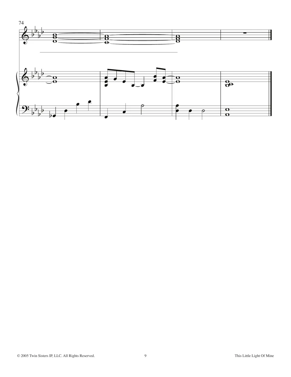 Closing bars 74-77 of the arrangement: held vocal chord over piano, finishing on a sustained A-flat chord