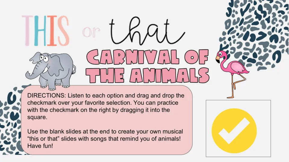 Directions slide: listen to each option, drag the checkmark to your favorite, and create your own musical choices