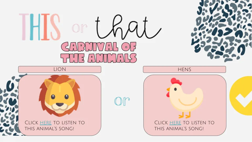 First listening choice slide pairs Lion and Hens, each with an animal picture and a link to its song