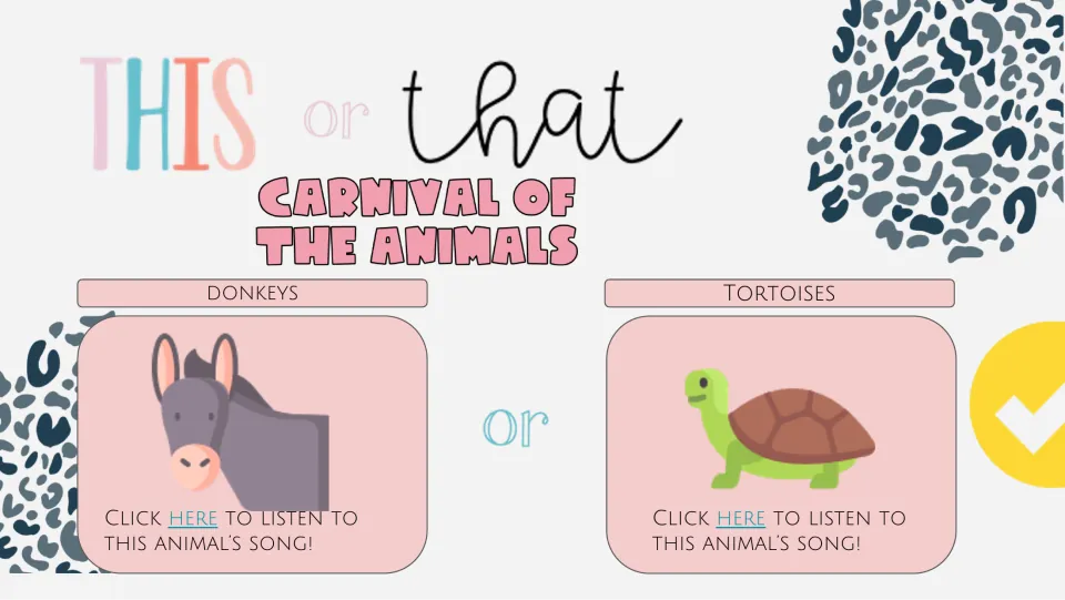 Second listening choice slide pairs Donkeys and Tortoises, with animal pictures and links to their songs