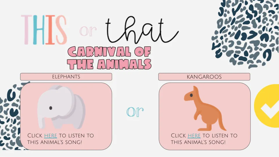 Third listening choice slide pairs Elephants and Kangaroos, with animal pictures and links to their songs