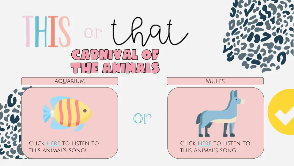 Fourth listening choice slide pairs Aquarium and Mules, illustrated by a fish and mule, with song links