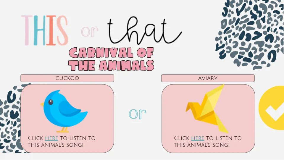 Fifth listening choice slide pairs Cuckoo and Aviary, illustrated by two birds, with links to their songs