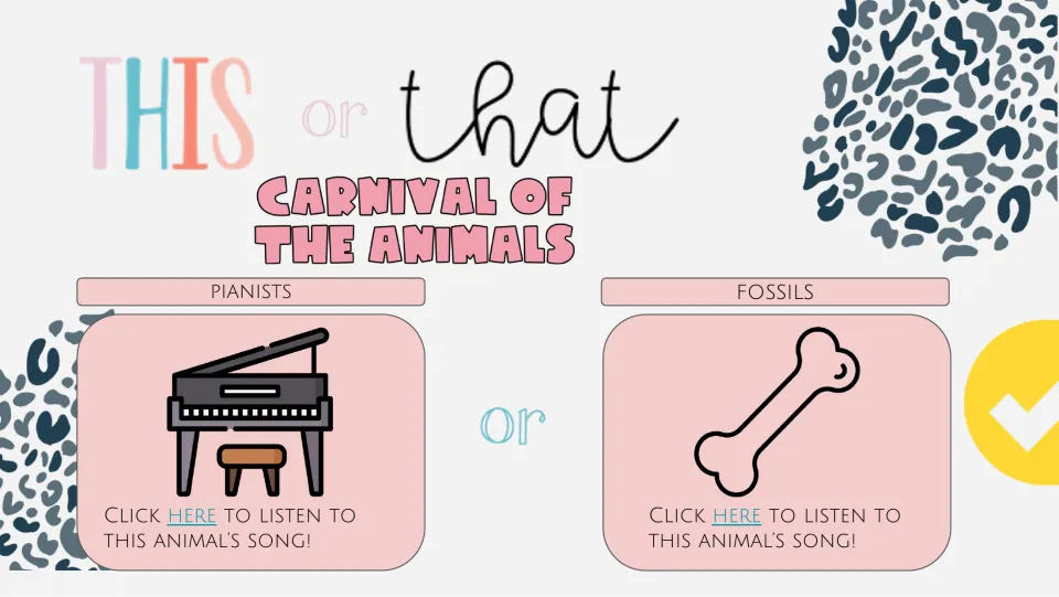 Sixth listening choice slide pairs Pianists and Fossils, illustrated by a piano and bone, with song links