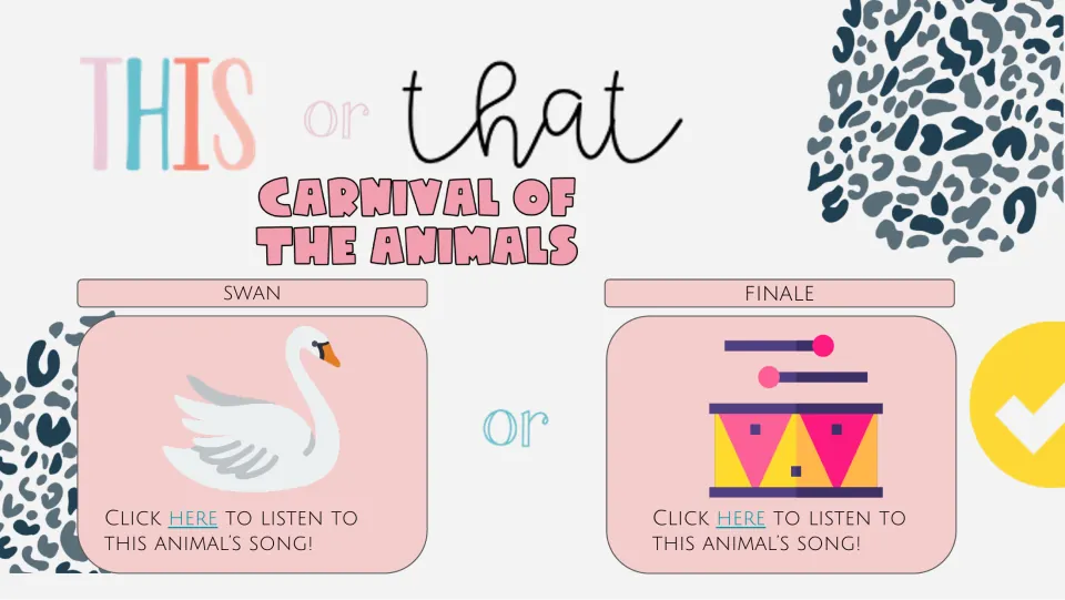 Seventh listening choice slide pairs Swan and Finale, illustrated by a swan and drum, with song links