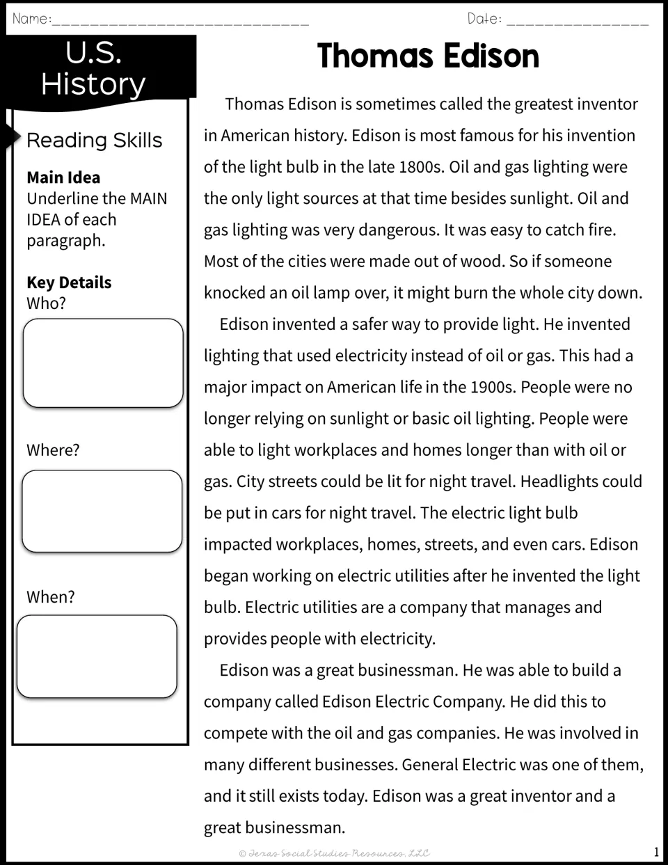 Thomas Edison reading passage on the light bulb and his companies; students underline main ideas and note who, where, when