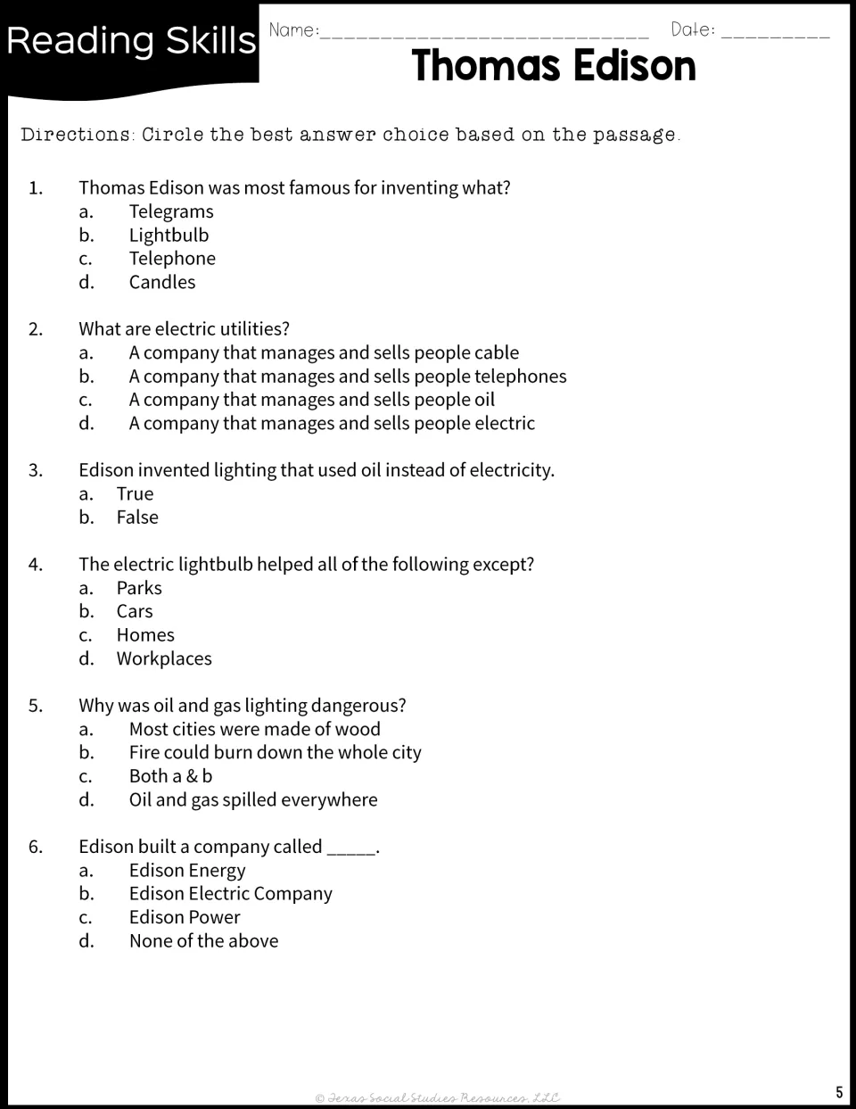 Edison comprehension quiz: six multiple-choice and true/false questions on the lightbulb, electric utilities and his company