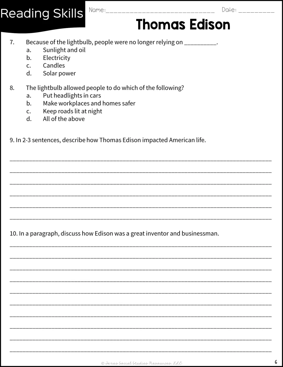 Edison questions 7 to 10: two multiple-choice items, then written responses on his impact on American life and business