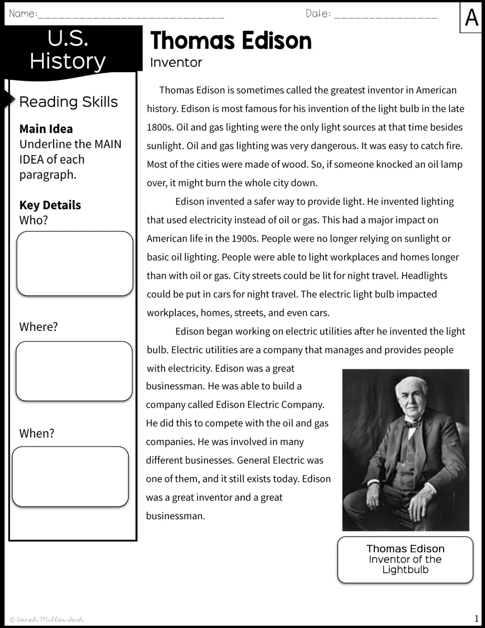 Edison inventor passage, version A: students underline each paragraph's main idea and note who, where and when details