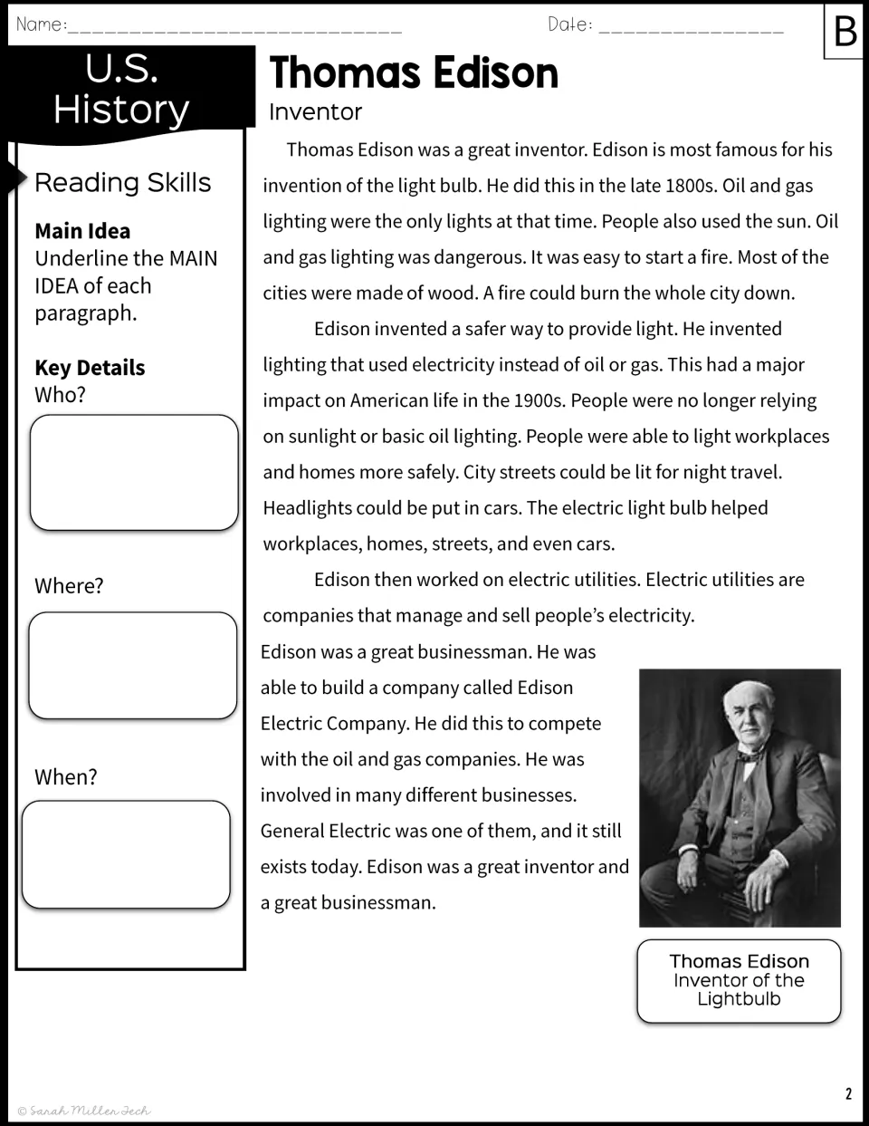 Edison light bulb passage, version B in shorter sentences: students underline main ideas and record who, where and when