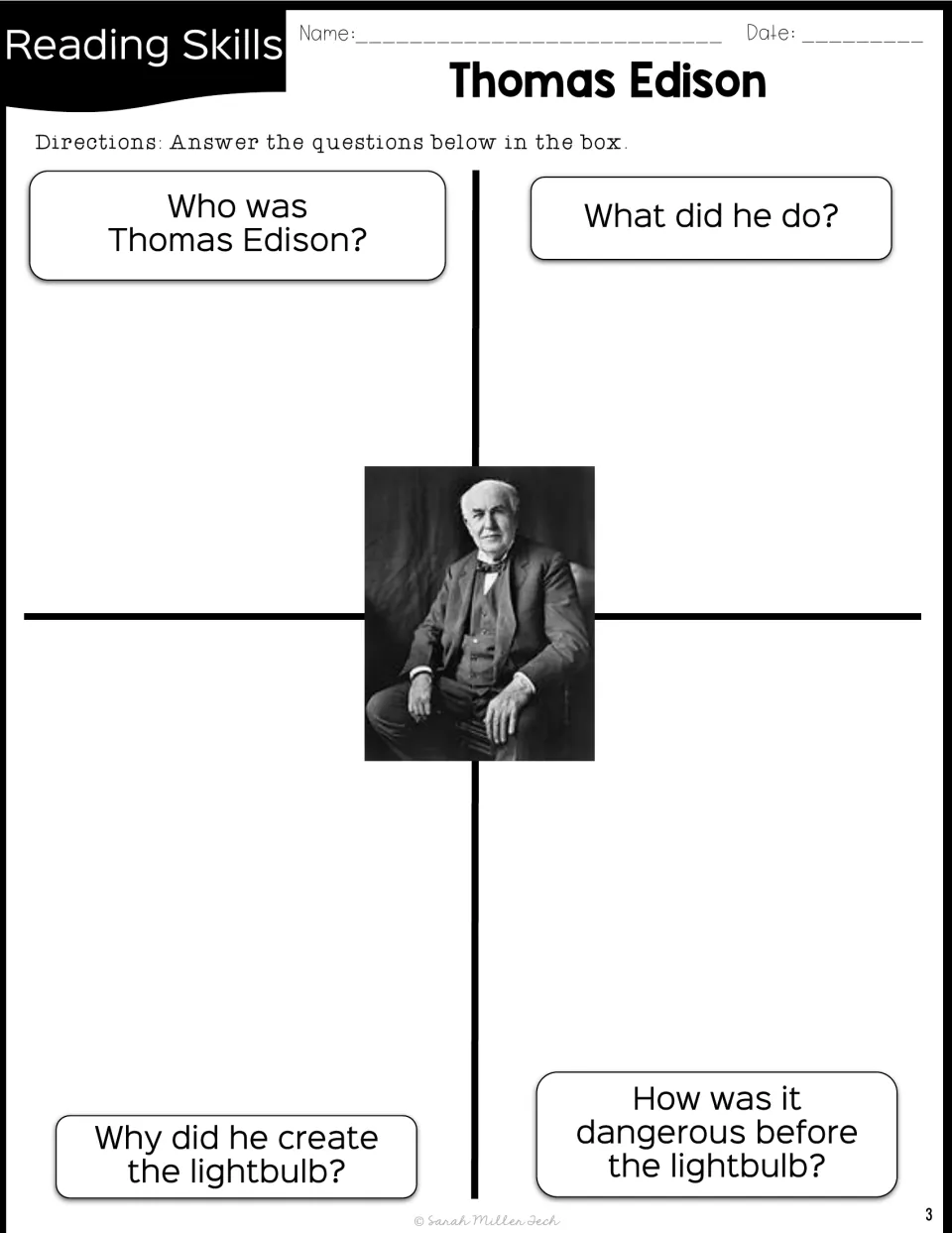 Edison four-question organizer: who he was, what he did, why he made the light bulb and why earlier light was dangerous