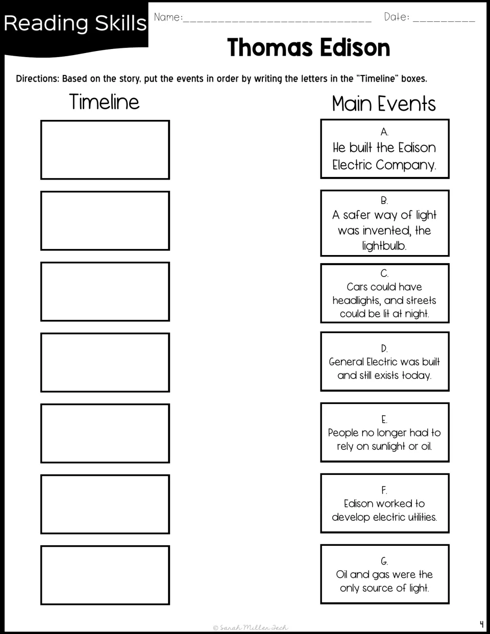Edison timeline sequencing: students order seven main events about the light bulb and his companies by writing letters A-G