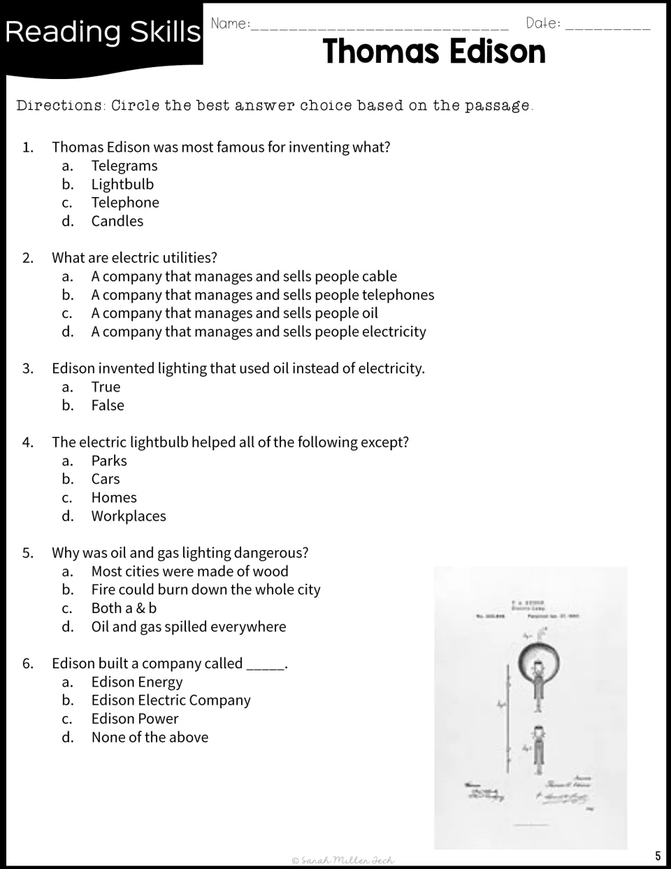 Edison comprehension questions 1-6: multiple choice on the light bulb, electric utilities, fire danger and his company