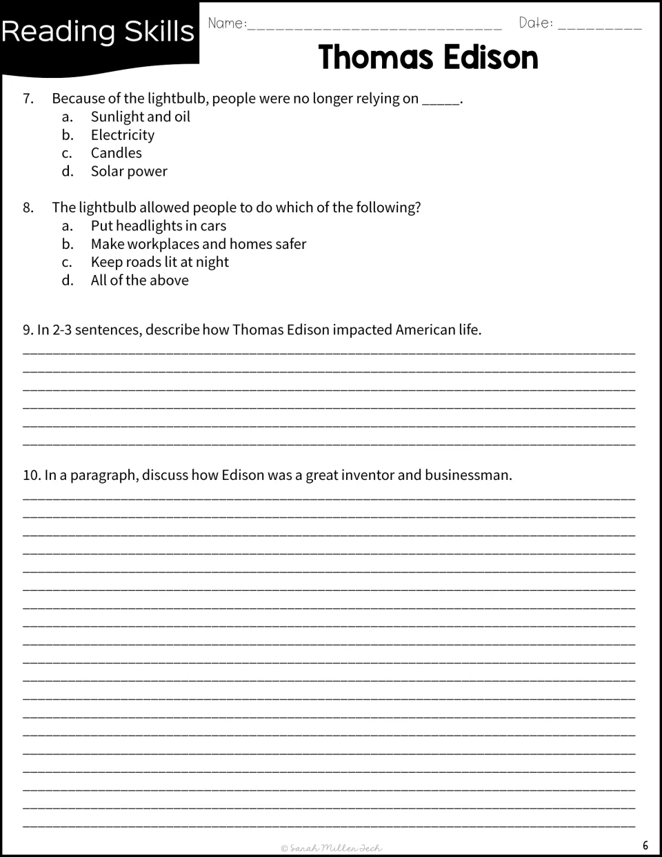 Edison questions 7-10: two multiple-choice items plus written responses on his impact on American life and as a businessman