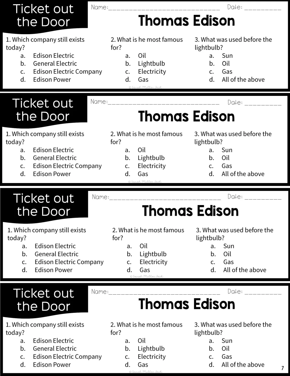 Edison exit tickets, four copies: three multiple-choice questions on General Electric, the light bulb and earlier lighting