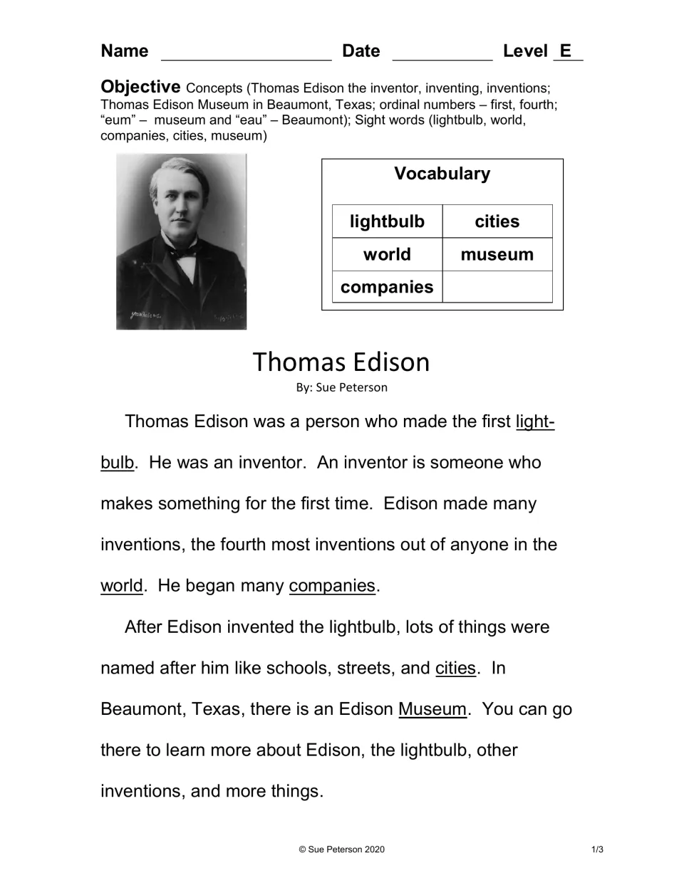 Edison biography passage: students read about the first lightbulb and Beaumont museum after previewing 5 vocabulary words