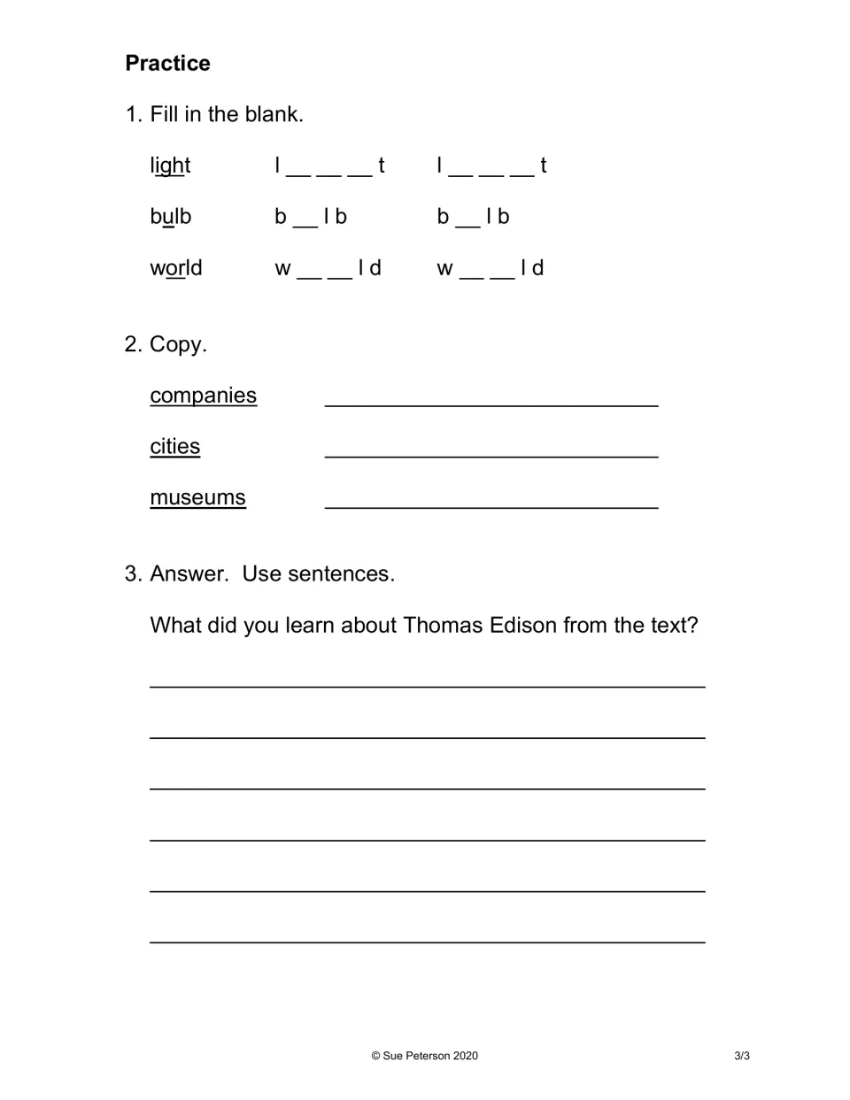 Edison practice: students fill in missing letters in light, bulb and world, copy 3 words and write what they learned
