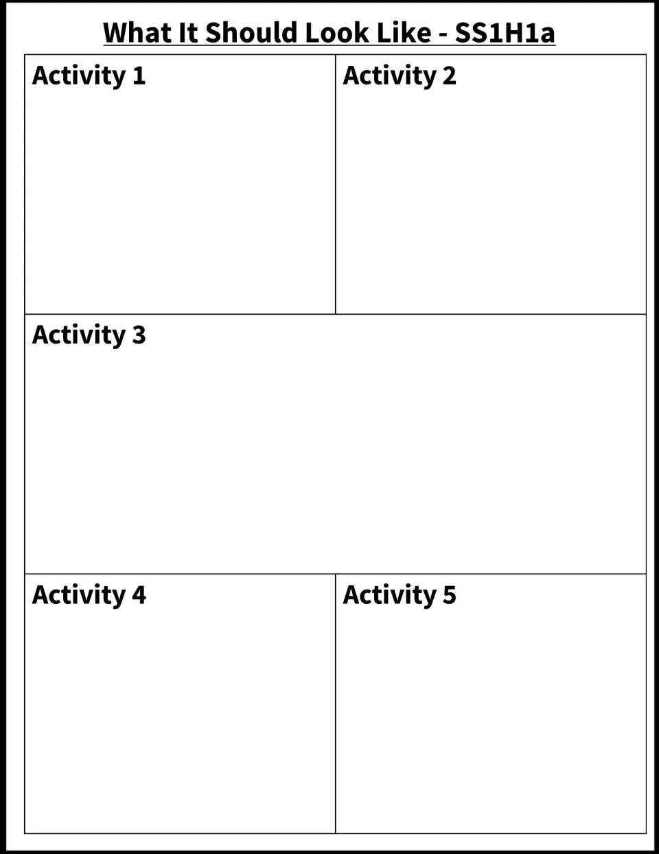 Blank Thomas Jefferson notebook reference sheet titled 'What It Should Look Like,' labeled Activities 1–5