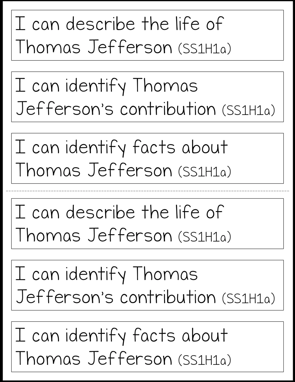 Two sets of three notebook learning targets about Thomas Jefferson's life, contribution, and facts