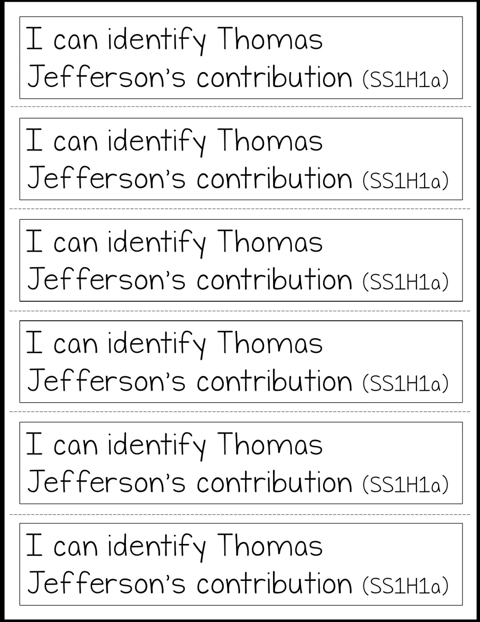 Six notebook strips repeating 'I can identify Thomas Jefferson’s contribution' with the code SS1H1a