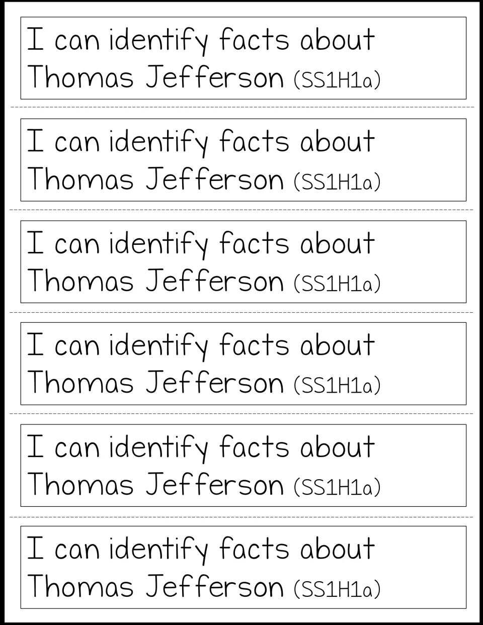 Six notebook strips repeating 'I can identify facts about Thomas Jefferson' with the code SS1H1a