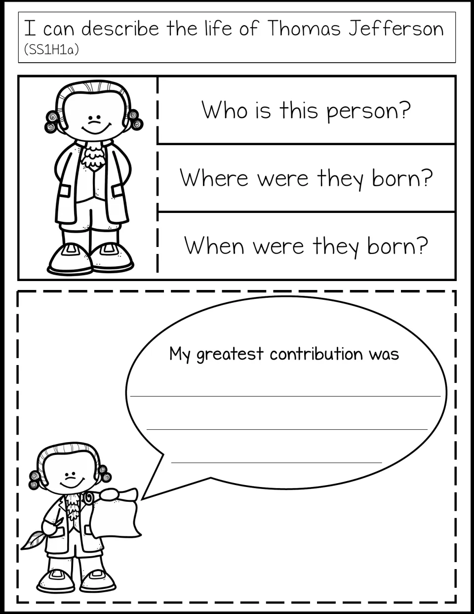 Notebook life learning target above Thomas Jefferson biography tabs and a 'My greatest contribution was' prompt