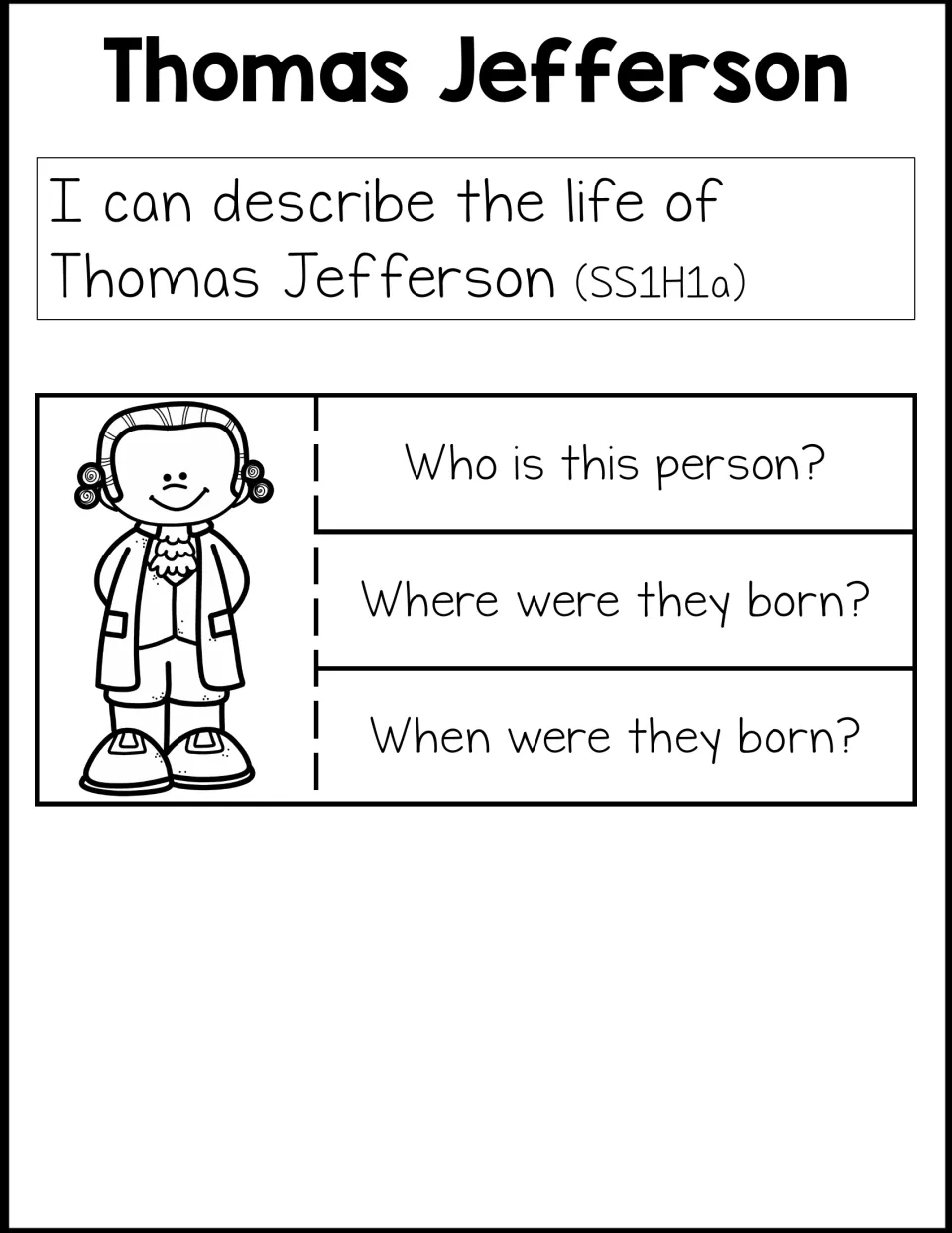 Separate Thomas Jefferson biography tab activity asks students to identify him and give his birthplace and birth date