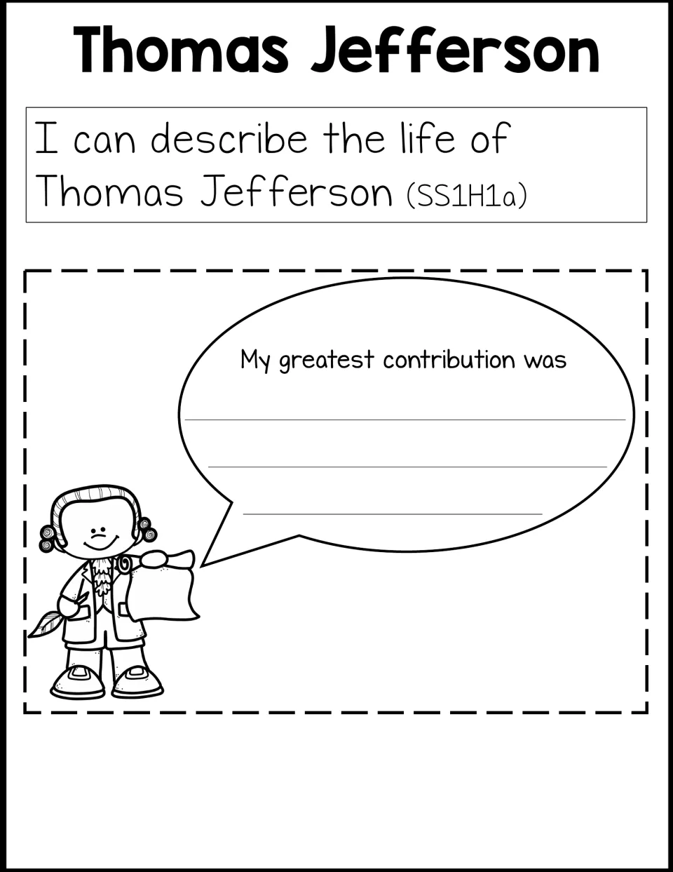 Separate Thomas Jefferson contribution activity pairs the life target with 'My greatest contribution was'