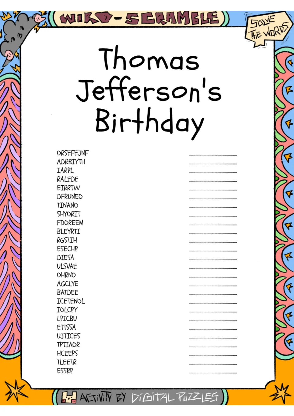 Word scramble for Jefferson's birthday with 26 entries, including ORSEFEJNF, ADRBIYTH, IARPL, and RALEDE