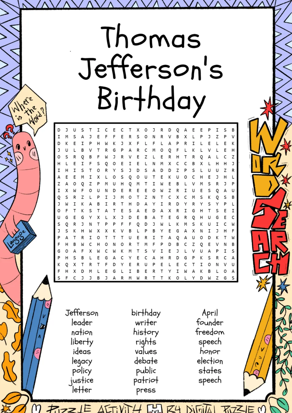 Jefferson word search: students find words such as liberty, founder, justice, election and patriot in a letter puzzle