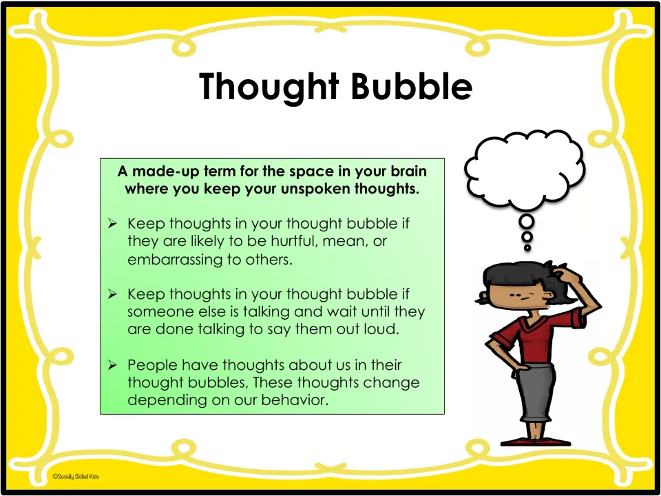 Thought bubble teaching visual explaining unspoken thoughts, hurtful comments, and waiting for others to finish