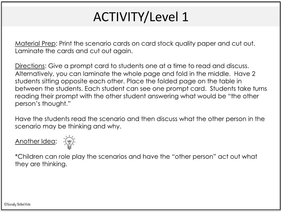 Level 1 directions for preparing scenario cards, discussing another person's thoughts, and role-playing scenes