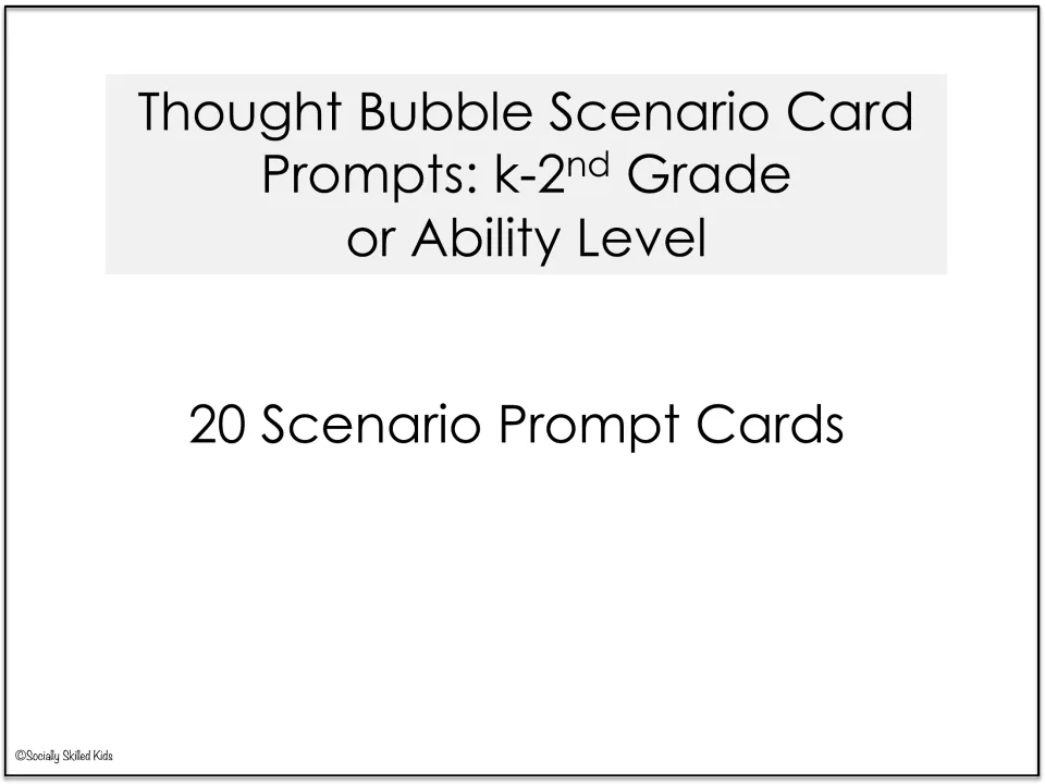Level 1 section introduction identifying 20 thought bubble scenario prompt cards for K–2 or ability level