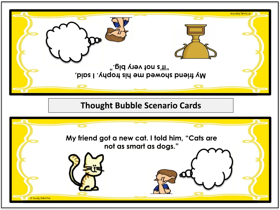 First two Level 1 scenario cards: calling a friend's trophy small and saying cats are not as smart as dogs