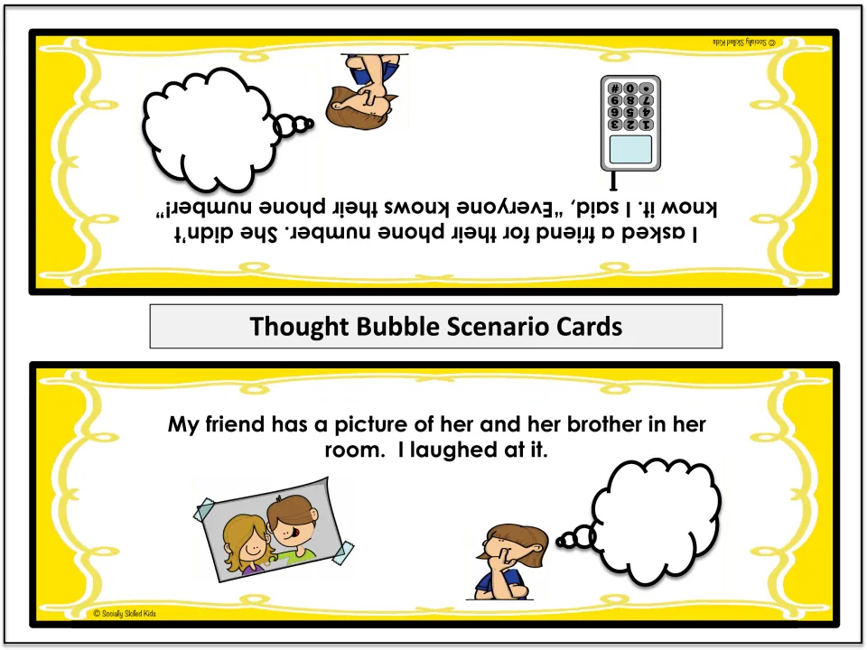 Level 1 scenario cards 3–4: criticizing a friend for not knowing her phone number and laughing at a family photo