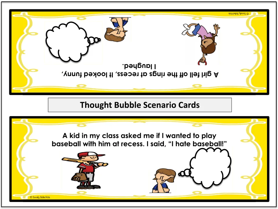 Level 1 scenario cards 5–6: laughing when a girl falls off playground rings and rejecting a baseball invitation
