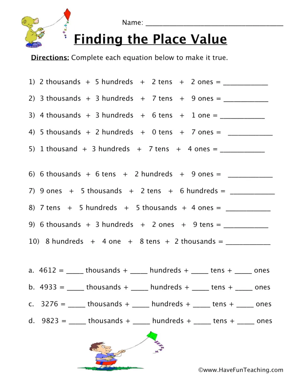 Finding the Place Value: students build 10 four-digit numbers from place-value parts, then decompose 4 numbers into parts
