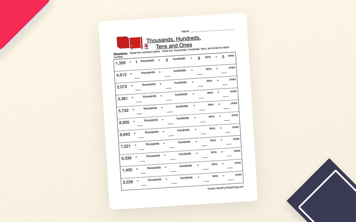 Thousands, Hundreds, Tens, Ones – Place Value Sheet preview: One modeled four-digit decomposition