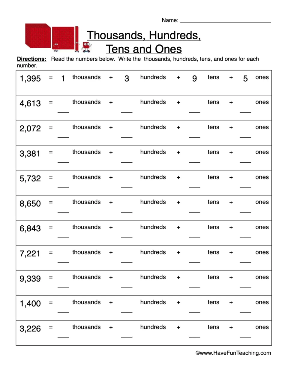 Place value practice: students break 10 four-digit numbers like 4,613 into thousands, hundreds, tens and ones