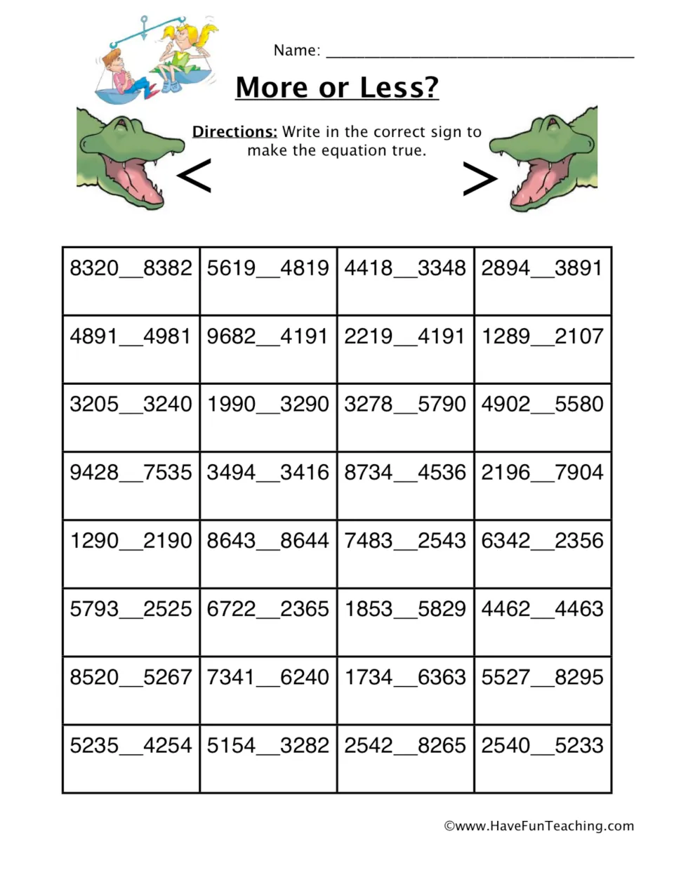 Number comparison practice: 32 four-digit pairs, including 8320 and 8382, to compare using < or >.
