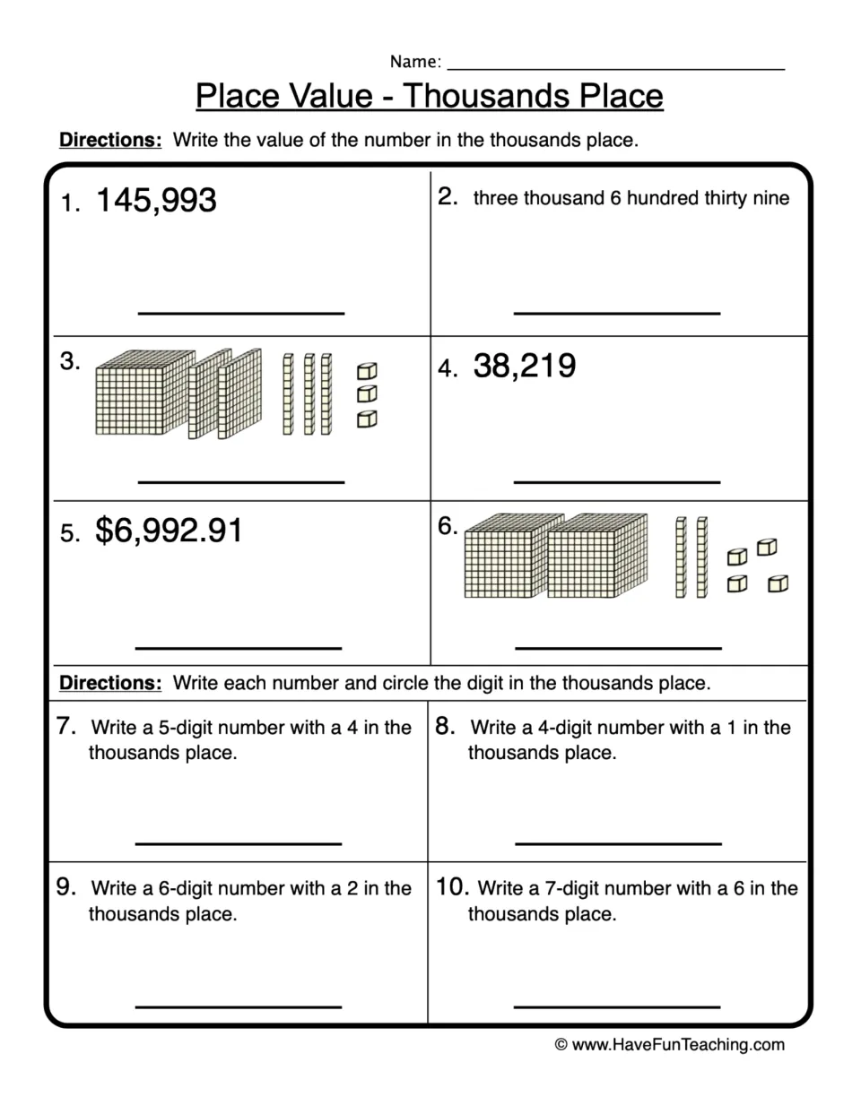 Thousands place: students find the thousands value in numbers, words and base-ten blocks, then write 4- to 7-digit numbers