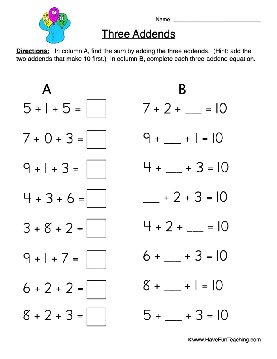 Three addends addition: students find the sum of 8 three-number problems, then fill in the missing addend to make 10