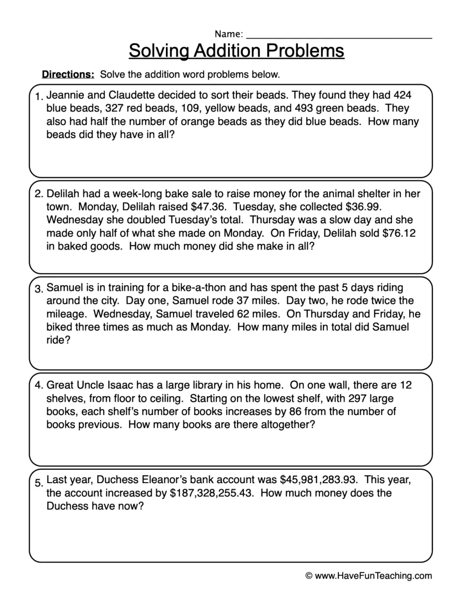 Addition word problems worksheet: five problems about beads, bake sale money, biking, books, and a bank account.
